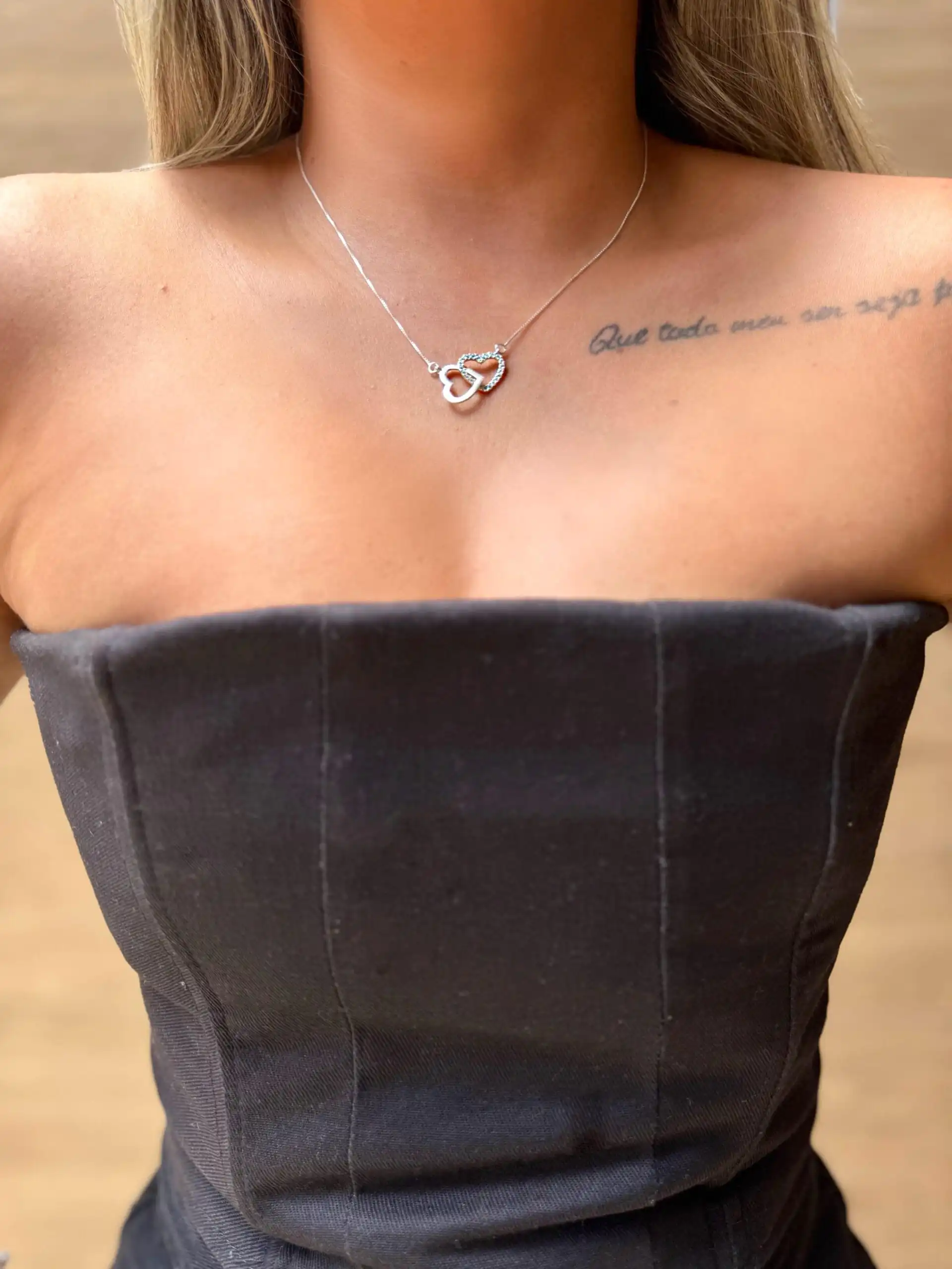 Colar Coração Duplo (Um liso e um cravejado)